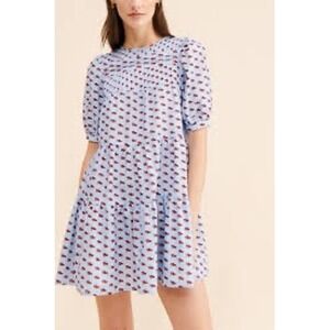 Find Me Now Toto Mini Dress Tiered Dog Print Baby Blue Summer Dress Size XS
